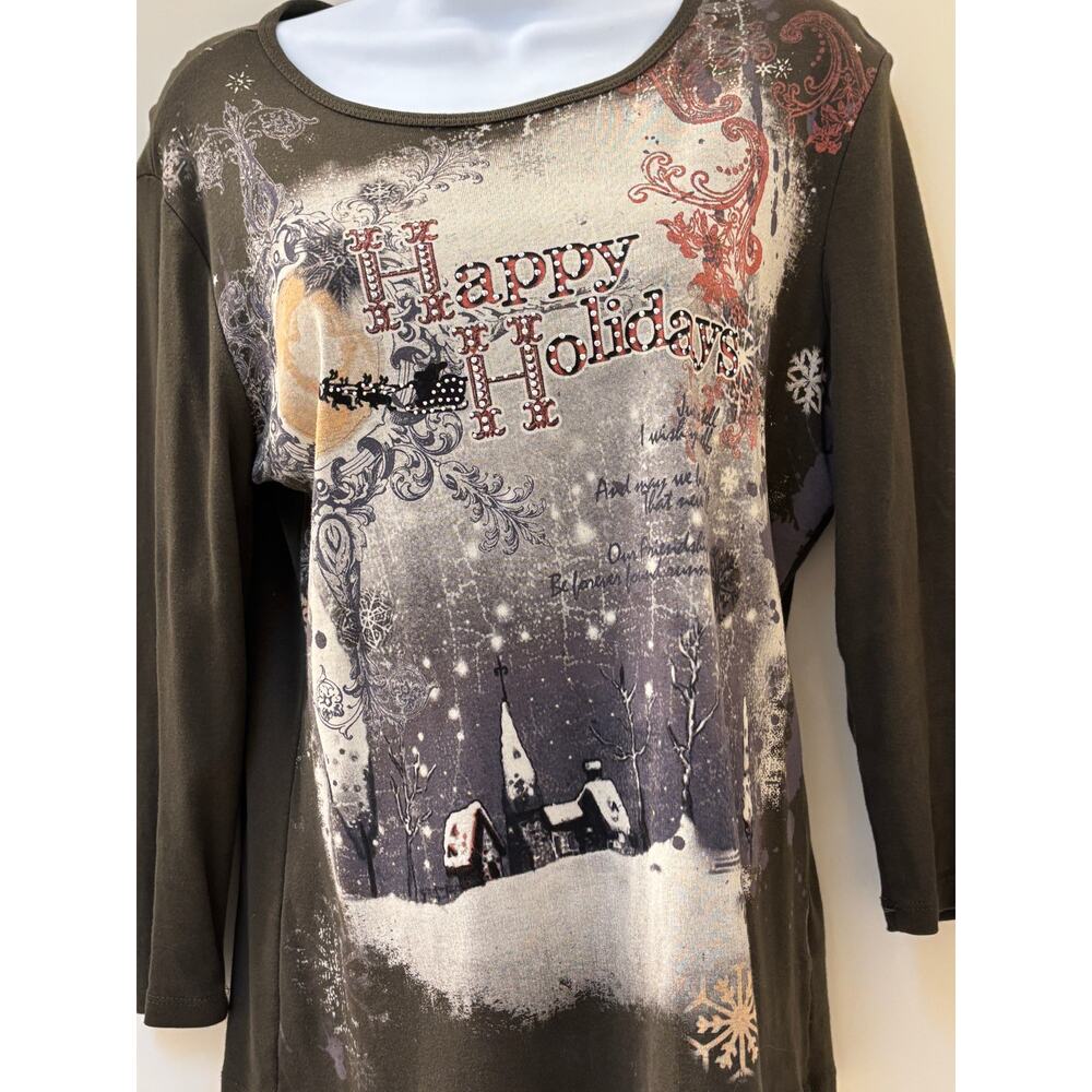 Vintage Happy Holidays 3/4 Sleeve Cotton top with Sequins (XL)